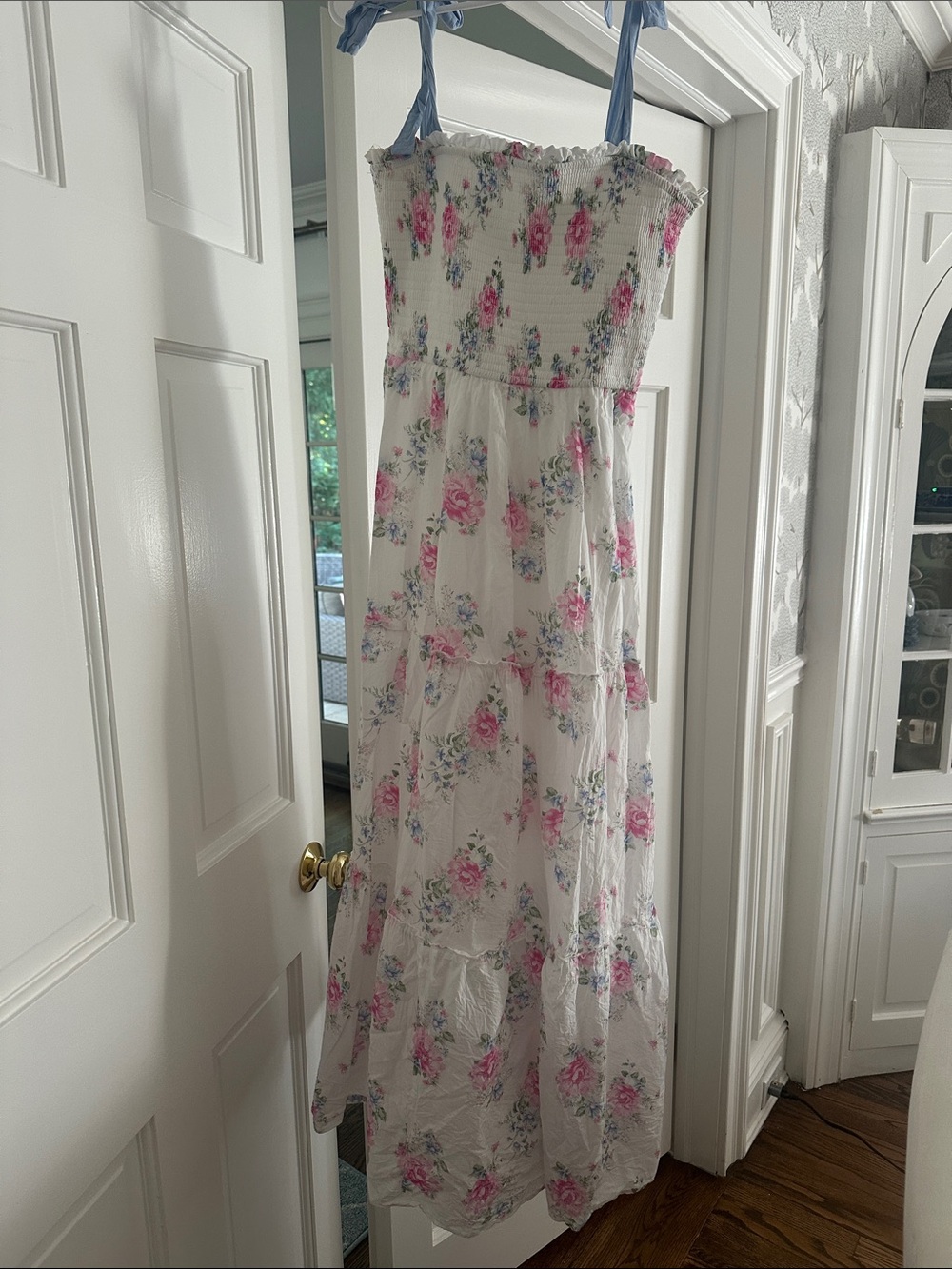 Altar'd State White Maxi Dress with Pink Rose & Blue Floral Print